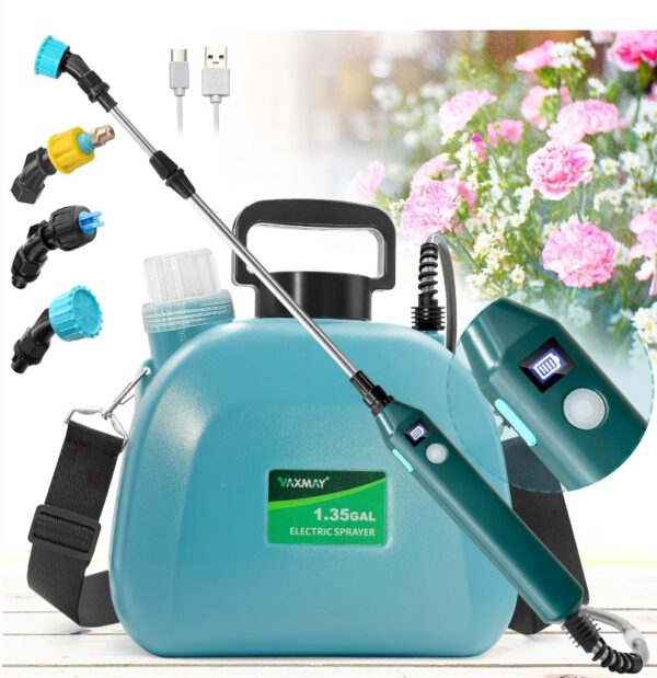 Battery Powered Sprayer 1.35 Gallon, Upgrade Electric Garden Sprayer with Battery Indicator, 3 Mist Nozzles, USB Rechargeable Handle with 23.6" Retractable Wand Adjustable Shoulder Strap for Weed Lawn | EZ Auction