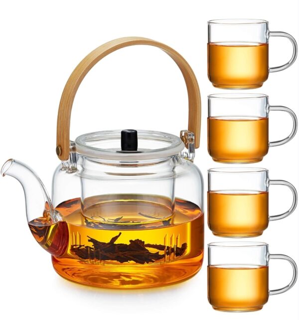 Glass Teapot Set, 37OZ/1100ML Glass Tea Kettle with 4 Double Wall Teacups, Tea Pot with Infusers for Loose Tea, Stovetop & Microwave Safe Tea Maker | EZ Auction