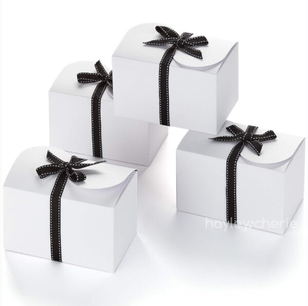 White Kraft Treat Boxes with Black Ribbons (20 Pack) 6.5 x 4 x 4 Inches, Thick 400gsm Card for Favors, Gifts, Parties, Christmas, Birthdays, Bridesmaids, Weddings | EZ Auction