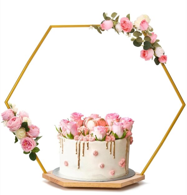 Sntieecr 23.5 Inch Hexagonal Cake Stand, Metal Gold Tabletop Arch Centerpiece Cake Display Arch with Wood Stand for Birthday Wedding Party Events Table Decor | EZ Auction