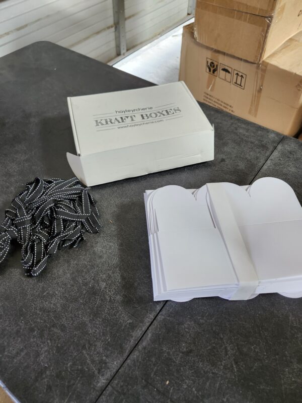 White Kraft Treat Boxes with Black Ribbons (20 Pack) 6.5 x 4 x 4 Inches, Thick 400gsm Card for Favors, Gifts, Parties, Christmas, Birthdays, Bridesmaids, Weddings | EZ Auction