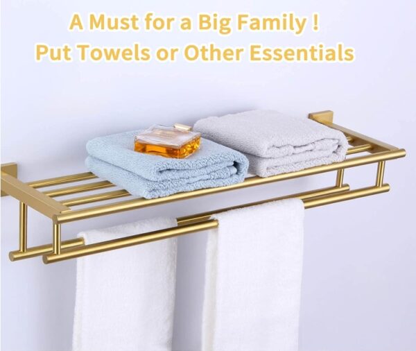 Hotel Towel Shelf with Towel Bars, Angle Simple SUS304 Stainless Steel Bathroom Towel Rack with Double Towel Holders, Wall Mount Train Rack Brushed Gold, 28-Inch | EZ Auction