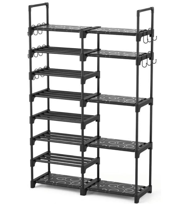 ROJASOP Shoe Rack Organizer, 8-Tier Metal Shoe Rack for Closet Entryway Garage, 26-32 Pairs Tall Shoe Boot Storage Shelf with 15 Hooks, Stackable Large Shoe Stand | EZ Auction