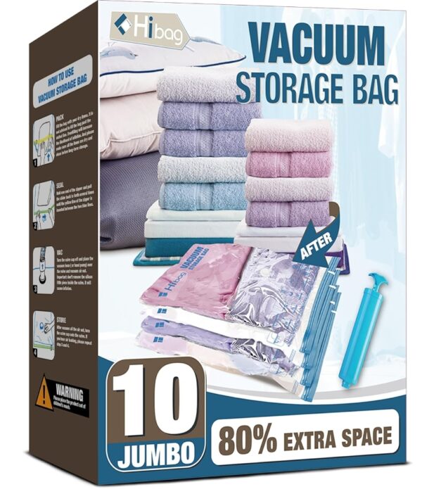 HIBAG Vacuum Storage Bags, 10 Jumbo Space Saver Vacuum Seal Bags, Space Bags, Vacuum Sealer Bags for Clothes, Comforters, Blankets, Bedding (10J) | EZ Auction