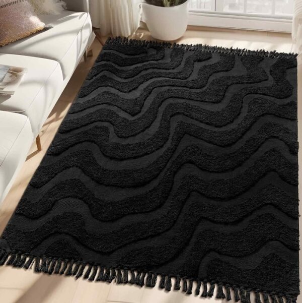 Black Rug 5’x7’ Rug for Bedroom Living Room Dining Room Office Boho Washable Area Rugs Large Neutral Floor Carpet Farmhouse Tufted Woven Modern Geometric Throw Rugs with Tassel | EZ Auction