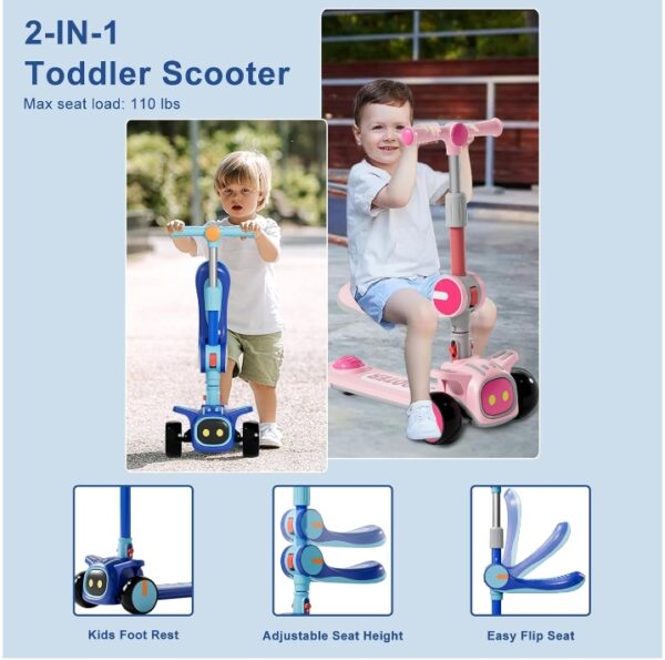 3 Wheel Scooter for Kids - Foldable & Unbreakable, 2-in-1 Kick Scooter with Music and Lights, Adjustable Height, Wide Deck, Flashing Wheel Lights, Easy for beginner toddlers aged 3-12 | EZ Auction