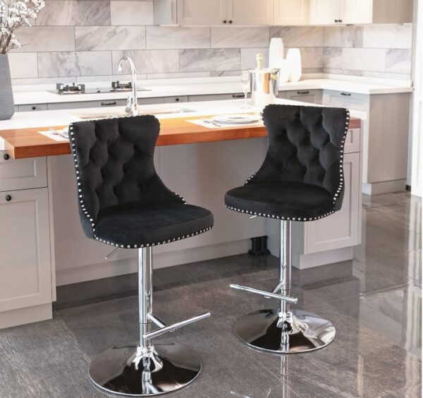 *THE BASES ARE GOLDEN*Swivel Velvet Barstools Adjusatble Seat Height from 25-33 Inch, Modern Upholstered Chrome Base Bar Stools with Backs Comfortable Tufted for Home Pub and Kitchen Island（Black,Set of 2） | EZ Auction