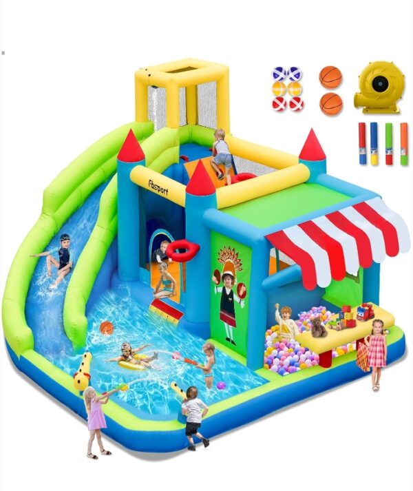 FBSPORT Inflatable Bounce House Water Slide, Bounce House for Kids with Toy Market Stand Splash Pool Bouncer Climbing Wall Water Gun Ball Dart, Bouncy Castle W/620W Blower for Outdoor Indoor, Green | EZ Auction