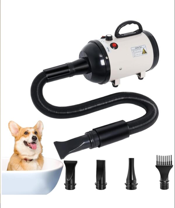 COLOR BEIGE Large Dog Grooming Dryer - 5.2HP 3800W High Velocity Hair Dryer with Heater, Adjustable Temperature, and 4 Nozzles | EZ Auction