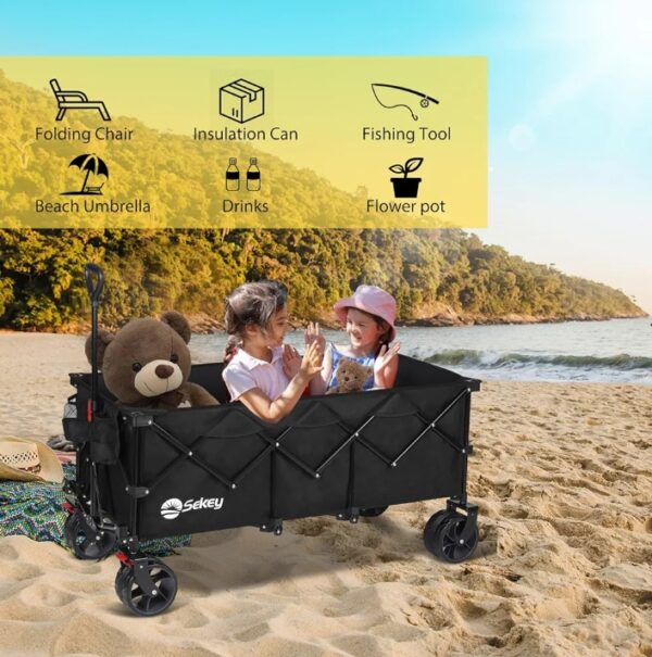 Sekey 48''L Collapsible Foldable Extended Wagon with 440lbs Weight Capacity, Heavy Duty 300L Folding Utility Garden Cart with Big All-Terrain Beach Wheels & Drink Holders. Black | EZ Auction