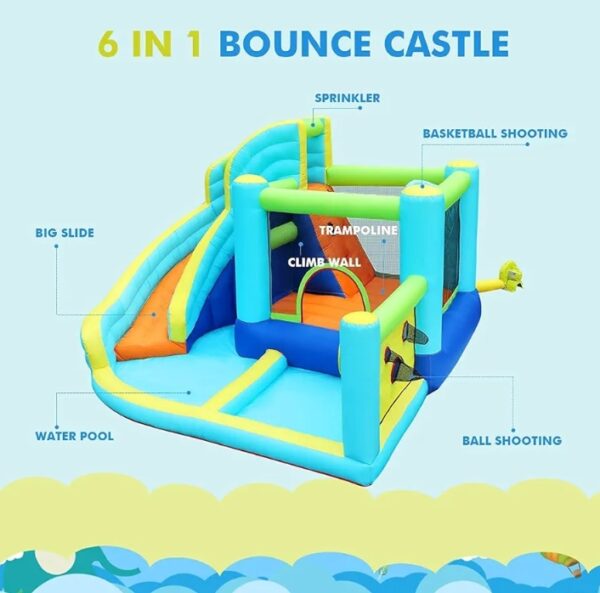 Inflatable Bounce House, Water Slide Park Slide Bouncer with Ball Shooting, Climbing Wall, Jumping and Splash Pool, Kids Bouncy Castle with 450W Air Blower for Outdoor Backyard | EZ Auction