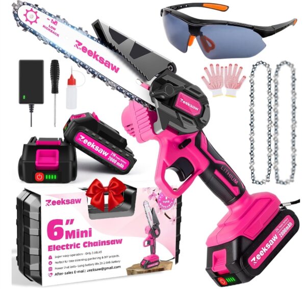 *** USED *** 2024 Pink Mini Chainsaw Cordless 6 inch - Electric Handheld Chainsaw Battery Powered with Power Indicator - Rechargeable Mini Chain Saw Portable Small Chainsaw for Women, Yard Tools Gardening Gifts | EZ Auction