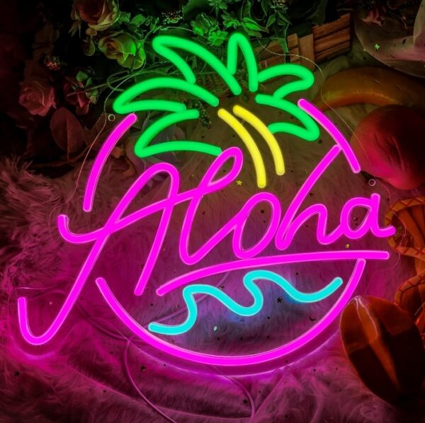 Aloha Palm Tree Neon Sign for Beach Party, Tropical Summer Aloha Led Sign for Hawaiian Tiki Bar Wall Decor, Pink Blue Green Aloha Wave Coconut Light Up Sign for Holiday Hawaii Beer Bar Decorations | EZ Auction