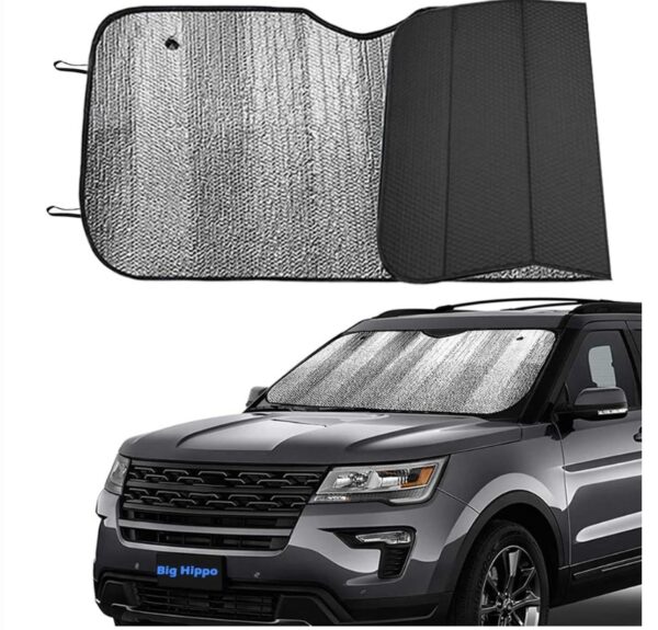 Big Hippo Front Car Sun Shade Windshield, Jumbo/Standard Sunshade Keeps Vehicle Cool UV Ray Sun Visor Protector Sunshades - Easy to Use Folding Sun Shade - Silver/Black Sides(Size: 55.16 X 27.5inch) | EZ Auction