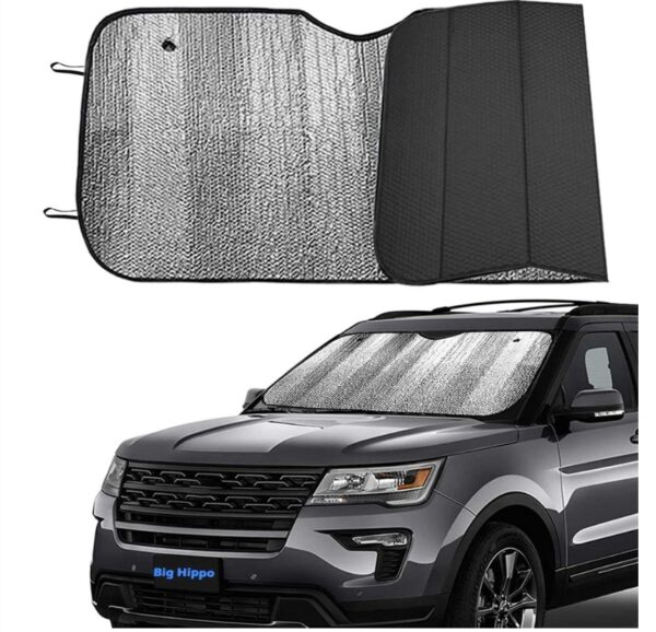 Big Hippo Front Car Sun Shade Windshield, Jumbo/Standard Sunshade Keeps Vehicle Cool UV Ray Sun Visor Protector Sunshades - Easy to Use Folding Sun Shade - Silver/Black Sides(Size: 55.16 X 27.5inch) | EZ Auction