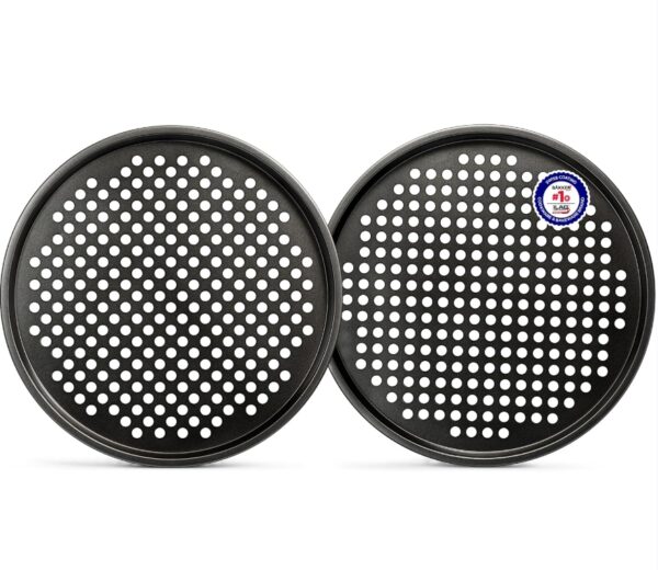 Bakken- Swiss Non-Stick Pizza Pan with Holes - 13-Inch Perforated Pizza Crisper Carbon Steel Pizza Pan - 2 Round Pizza Trays - PFOA PFOS and PTFE Free | EZ Auction