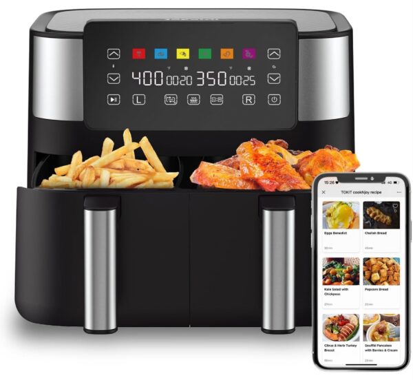 JOYAMI Air Fryer with 2 Baskets, 8 QT Dual Basket AirFryer with Sync-Finish, Nonstick and Dishwasher Safe, 6-in-1 Airfryer for Air Fry, Bake, Dehydrate, Roast, Broil & More, 1800W, Black | EZ Auction