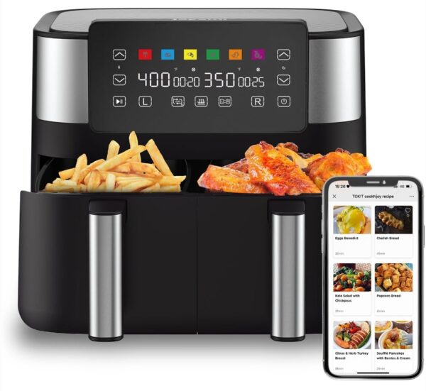 JOYAMI Air Fryer with 2 Baskets, 8 QT Dual Basket AirFryer with Sync-Finish, Nonstick and Dishwasher Safe, 6-in-1 Airfryer for Air Fry, Bake, Dehydrate, Roast, Broil & More, 1800W, Black | EZ Auction