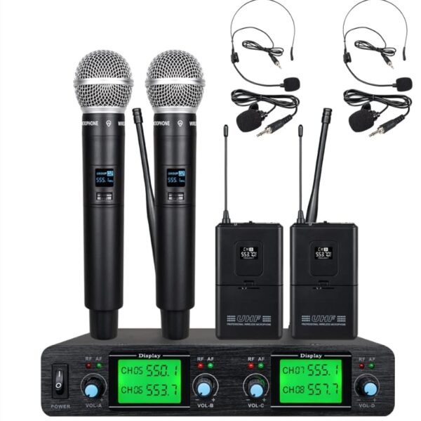 Wireless Microphone System UHF 4 Channel 2 Handheld Whole Mic 2 Lavavier Lapel Mic Bodypack 2 Headset LCD Display Frequency A Karaoke for School Party Wedding Church Conference Speech DJ Singing | EZ Auction