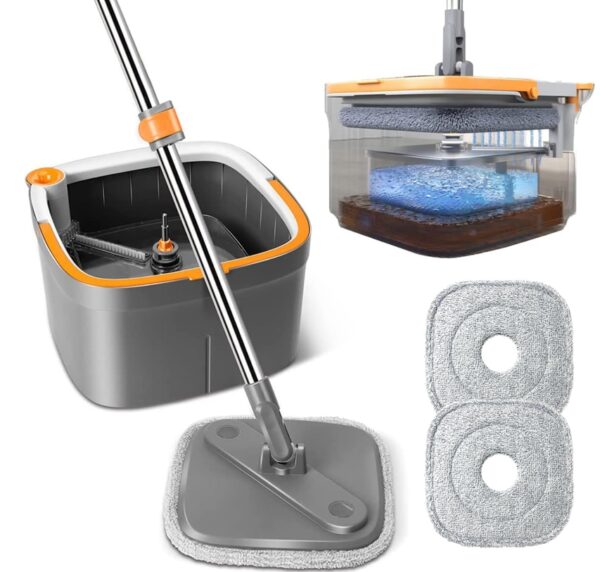 Spin Mop and Bucket Set with Self Separation Dirty and Clean Water System, Square Mop Bucket Self Wringing 360° Rotating Clean Floor Mop-Head for Hardwood Tile Marble Floors | EZ Auction