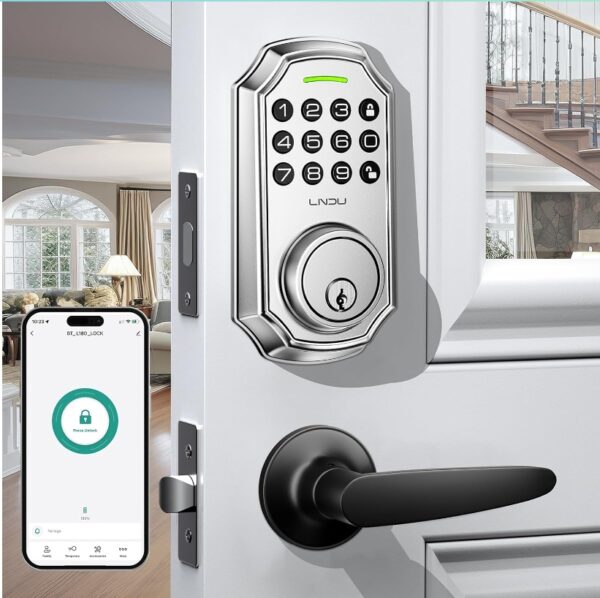 Keyless Entry Door Lock with Handle, App Control Bluetooth Electronic Keypad Deadbolt, 100 Code Front Door Lock Handle Set, One Time Password, Auto Lock, One Touch Loc, Easy to Install, Silver | EZ Auction