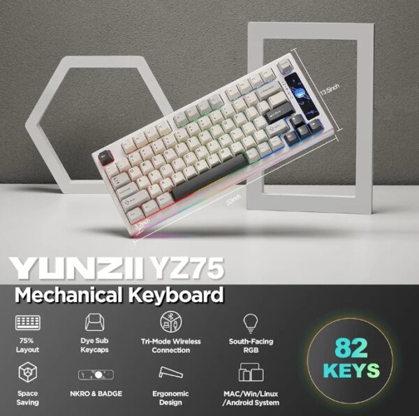 YUNZII YZ75 75% Hot Swappable Wireless Gaming Mechanical Keyboard, RGB Backlights, BT5.0/2.4G/USB-C, Dye Sub PBT Keycaps for Linux/Win/Mac(Gateron G Pro Yellow, White) | EZ Auction