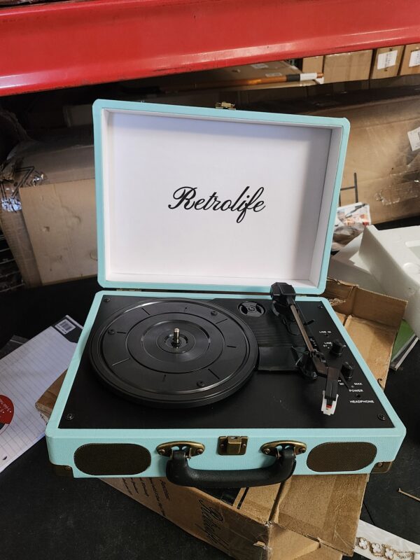 Vinyl Record Player 3-Speed Bluetooth Suitcase Portable Belt-Driven Record Player with Built-in Speakers RCA Line Out AUX in Headphone Jack Vintage Turntable Haze Blue | EZ Auction