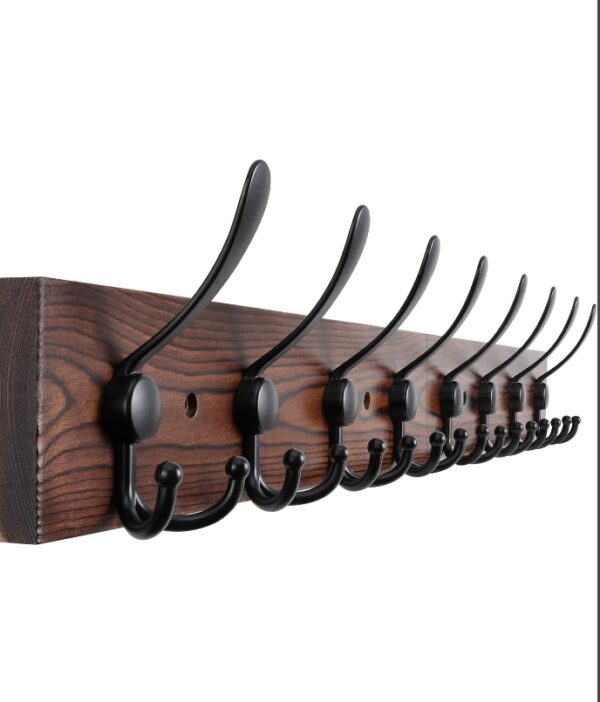 Kuhome 32.2'' Large Coat Rack Wall Mount Coat Hooks Coat Hanger with 8 Metal Black Triple- Hooks Brown Pine Real Wood Plank Hat Rack for Wall Hooks for Hanging Coat Hat Jacket | EZ Auction