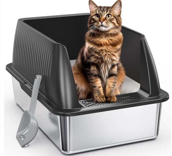 Stainless Steel Litter Box,XL Metal Litter Box with Lid,High Side Cat Litter Box for Big Cats and Kittens,Extra Large Litter Box with Scoop,Non-Sticky,Anti-Leakage and Easy Clean (Black) | EZ Auction