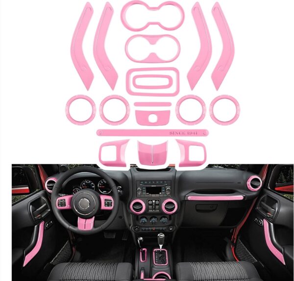 ( 4 PACK )E-cowlboy 18 PCS Full Set Interior Decoration Trim Kit Steering Wheel Center Console Door Handle Air Conditioning Vent Cup Holder Gear Cover Trim for Jeep Wrangler JK JKU 2011-2018 4-Door (Pink) | EZ Auction