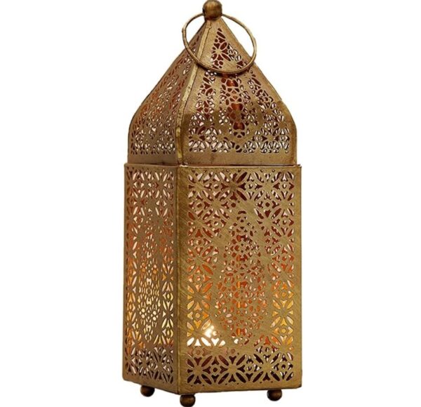 Serene Spaces Living Small Moroccan Gold Ornate Candle Lantern, 8.5" Antique Gold Lantern, Decorative Candle Lantern Holders for Indian-Inspired Wedding, Eid, Ramadan, Events | EZ Auction