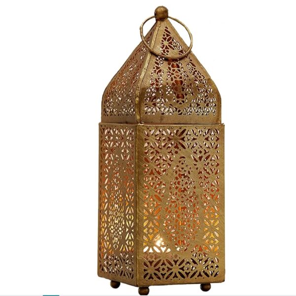 Serene Spaces Living Small Moroccan Gold Ornate Candle Lantern, 8.5" Antique Gold Lantern, Decorative Candle Lantern Holders for Indian-Inspired Wedding, Eid, Ramadan, Events | EZ Auction