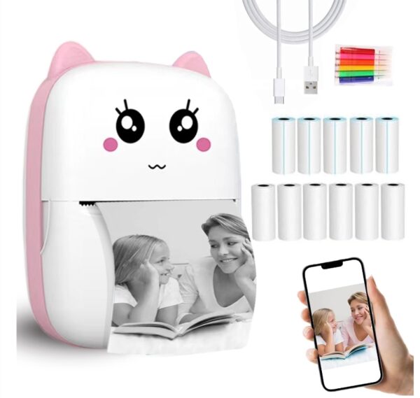 *** USED, MISSING CABLE *** Mini Sticker Printer with 11 Rolls Paper, Inkless Thermal Pocket Receipt Printer for iOS iPhone &Android, Bluetooth Portable Printer for Journal,Study Notes,Photo,DIY,Travel,kids Birthday Gifts(Pink) | EZ Auction