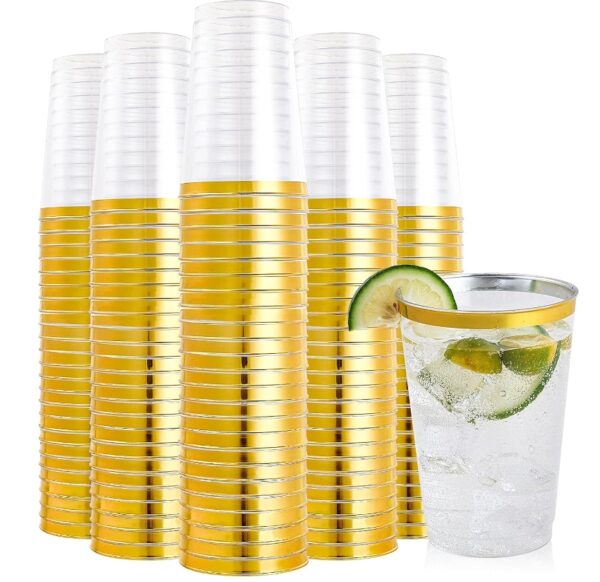 FOCUSLINE 200 Pack 12 oz Gold Rimmed Cups, Clear Plastic Tumblers, Heavy-duty & Fancy Disposable Hard Plastic Cups 12 Ounce with Gold Rim for Wedding Elegant Party Cups | EZ Auction