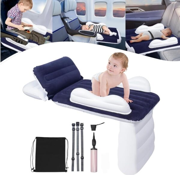 Inflatable Kid Airplane Bed,Airplane Travel Beds Kids 0-4 Years(Dark Blue)，Inflatable Toddler Travel Bed with Pump,Seat Belt and Travel Bag | EZ Auction