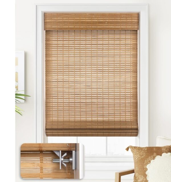 LazBlinds No Tools No Drill Cordless Bamboo Roman Shades, Light Filtering Window Treatment, Roll Up Bamboo Blinds for Window 33'' W x 64'' H, Squirrel | EZ Auction