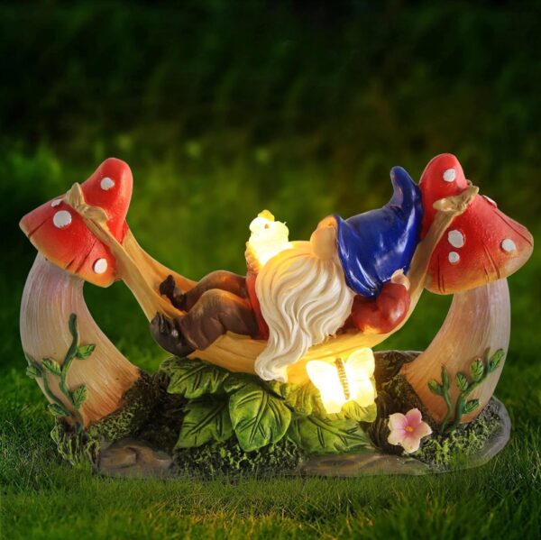 Outdoor Garden Gnome Statue,Solar Gnomes Figurine Lying on Hammock with Bird and Mushrooms,Outdoor Garden Decoration for Patio Yard Lawn Porch,Garden Gifts for Mom/Grandma/Women | EZ Auction