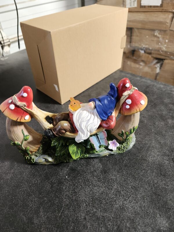 Outdoor Garden Gnome Statue,Solar Gnomes Figurine Lying on Hammock with Bird and Mushrooms,Outdoor Garden Decoration for Patio Yard Lawn Porch,Garden Gifts for Mom/Grandma/Women | EZ Auction