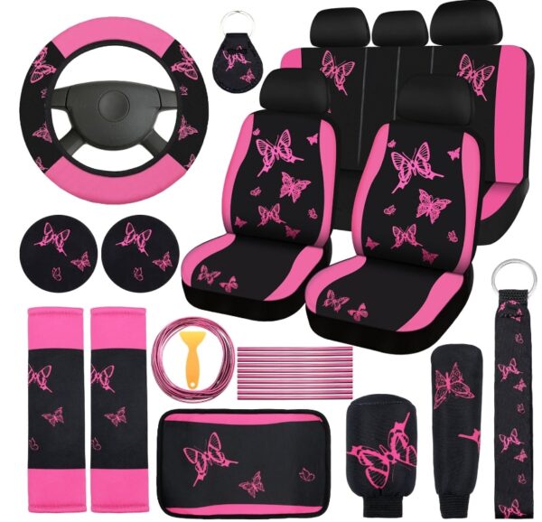 BBTO 43 Pcs Butterfly Car Seat Full Set Butterfly Car Accessories for Women 5 Front Rear Seat Covers Wrist Strap 2 Pieces Cup Mat Armrest Pad 2 Seat Belt Cover Accessories for SUV Car (Pink, Black) | EZ Auction