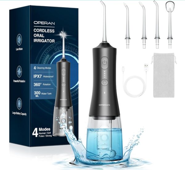 Operan Water Flossers for Teeth Cleaning Upgraded 300ml Cordless Water Dental Flossers Portable Rechargeable Oral Irrigator with 4 Modes 4 Jet Tips IPX7 Waterproof for Home Travel (Carbon Black) - Copy | EZ Auction