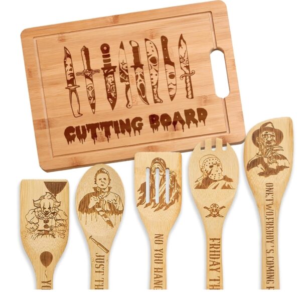 6Pcs Funny Carved Bamboo Cutting Board and Wooden Cooking Spoons Set, Spooky Theme Kitchen Decor Cookware Gadget for Family Friends Birthdays | EZ Auction