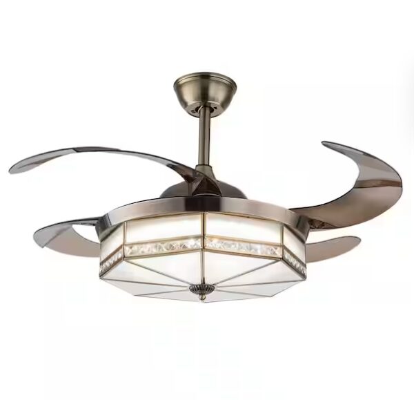 42 in. Gold Modern Indoor Retractable Blades Integrated LED 3 Wind Speeds Ceiling Fan with Remote Control | EZ Auction