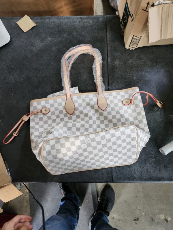 Louis Vuitton Louis Vuitton Neverfull large model tote bag in sky blue coated checked canvas and natural leather | EZ Auction