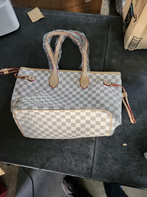 Louis Vuitton Louis Vuitton Neverfull large model tote bag in sky blue coated checked canvas and natural leather | EZ Auction