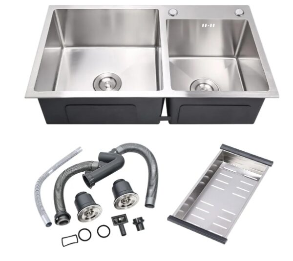 T-304 Modern Nano-Coated Stainless Steel Kitchen Sink, Drop in & Topmount Double Bowl Sinks with Drainage Pipes and Fruit Baskets (30.7 x 16.9) | EZ Auction