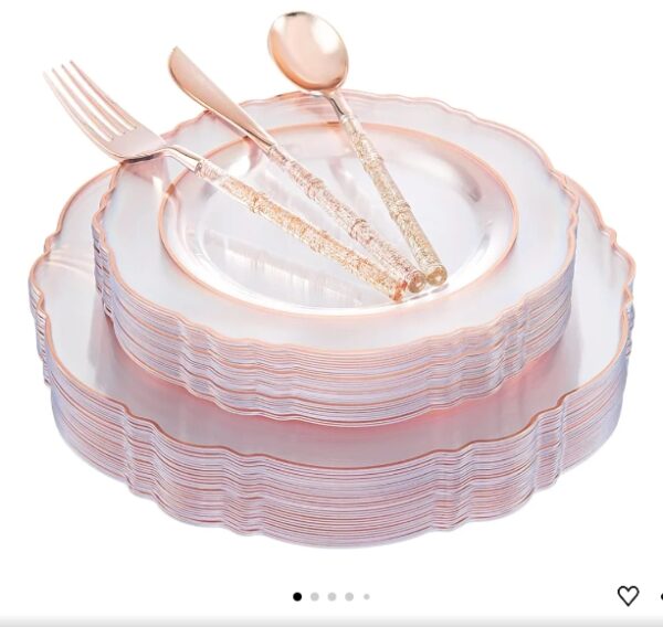 Liacere 150PCS Rose Gold Plastic Plates - Clear Rose Gold Disposable Plates with Glitter Bamboo Handle Cutlery - 60 Baroque Elegant Plates, 30 Forks, 30 Spoons, 30 Knives for Wedding & party | EZ Auction