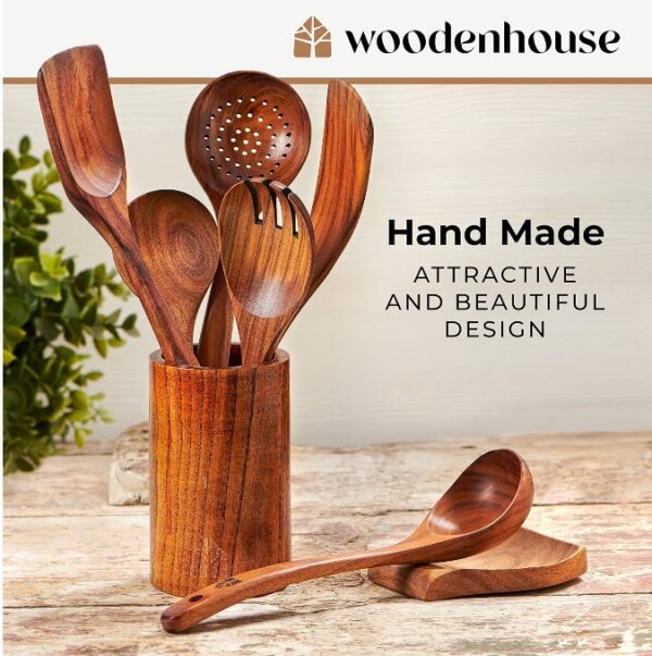 Spoons for Cooking, Wooden Cooking Utensils Set, Wooden Utensil Set with Holder, Spoon Rest & Hooks, Teak Wood Nonstick Kitchen Cookware – 8-piece set of wooden utensils with 6 metal hooks | EZ Auction