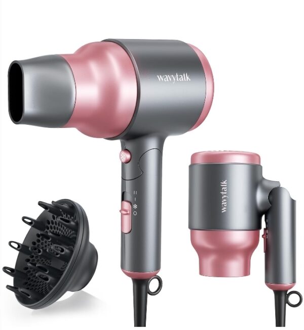 Wavytalk Portable Hair Dryer with Diffuser, Foldable Mini Hair Dryer with Lightweight Design, 1600W Small Hair Blow Dryer with Diffuser for Curly Hair Fast Drying, Rose Pink | EZ Auction