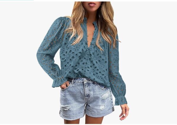 SIZE S -PRETTYGARDEN Women's Dressy Casual Blouse Tops Fall Puff Long Sleeve Button V Neck Hollow Out Lace Embroidered Shirts | EZ Auction