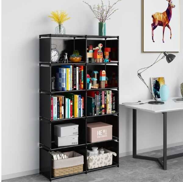  6-Tiers Portable Bookshelf with Fabric Cloth at Back, 10 Cube Closet Storage Organizer Bookcase, Living Room,Study Room,Bedroom, Black | EZ Auction